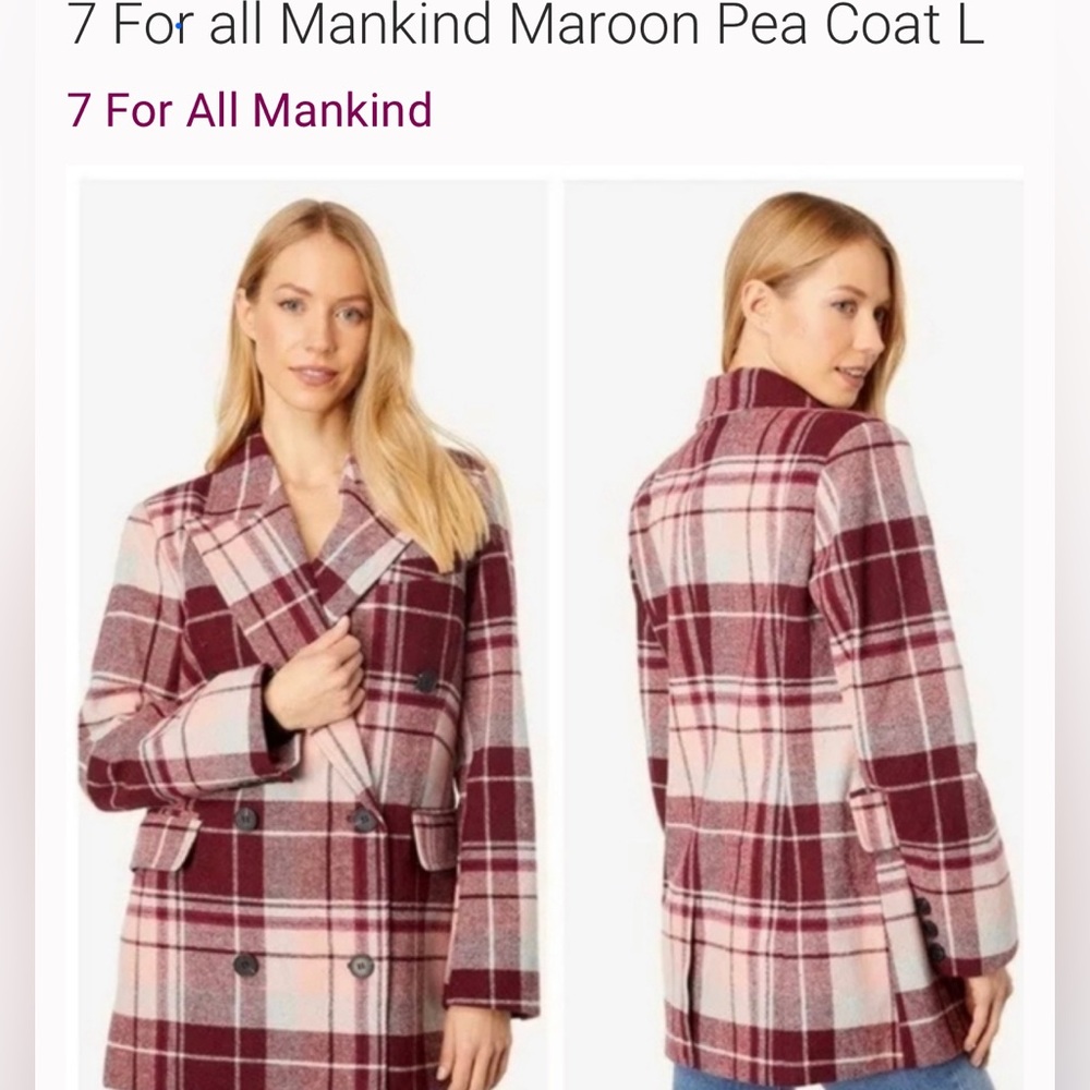 7 For All Mankind Burgundy and Pink Plaid Pea Coat